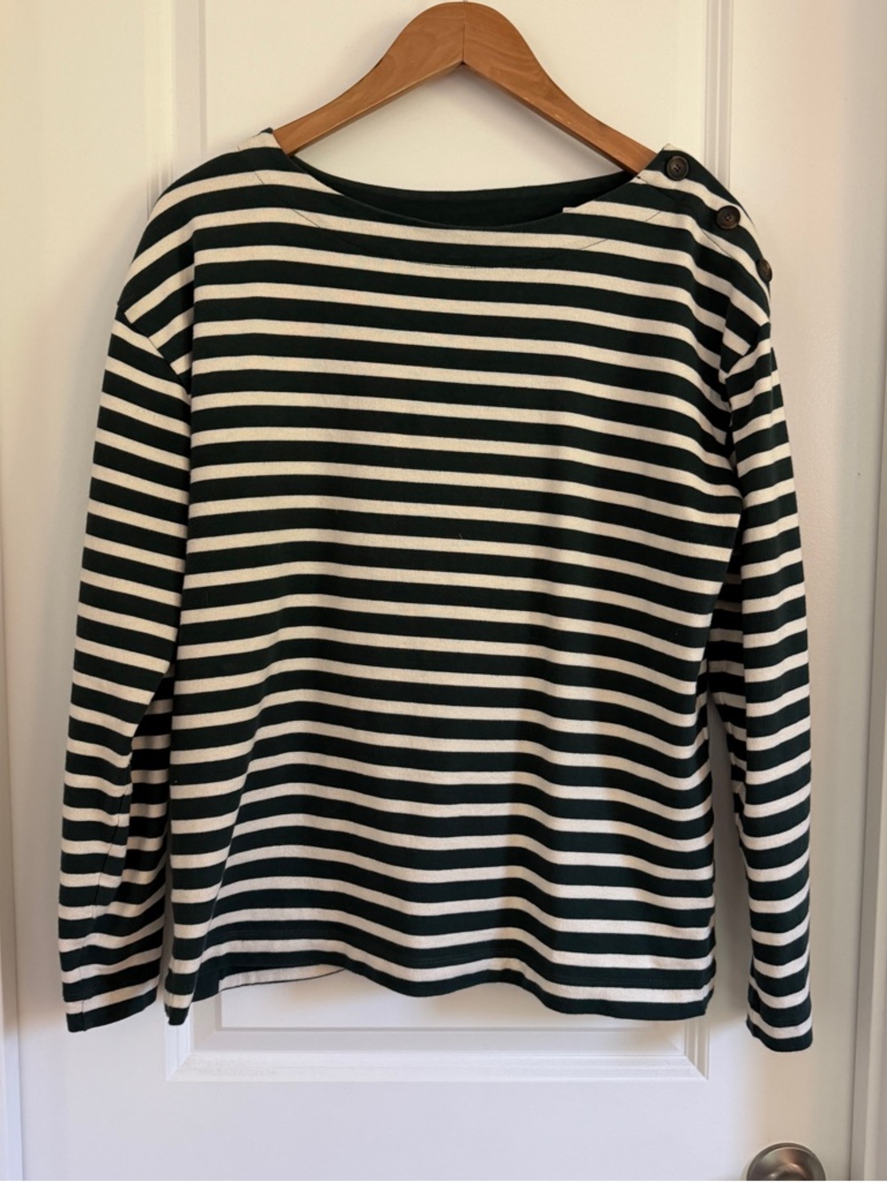 Boden Green And White Striped Button Sleeve Long Sleeve Tee ~ Size Large